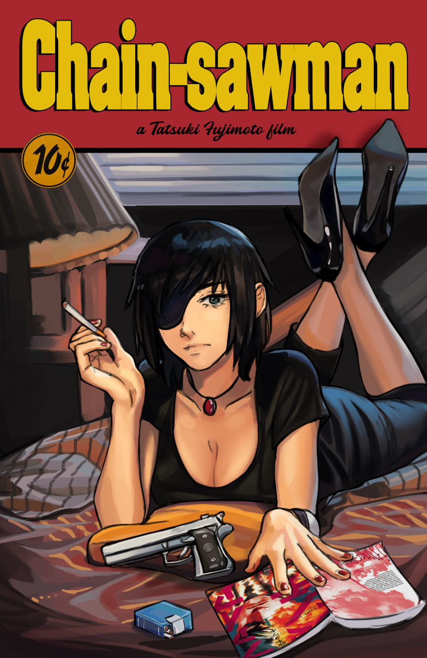 1girl absurdres bed black_dress black_hair breasts chainsaw_man cigarette cleavage dress eyepatch fire_punch firex gun handgun high_heels highres himeno_(chainsaw_man) holding holding_cigarette jewelry lamp legs_up lying manga_(object) necklace on_stomach parody pulp_fiction short_hair solo weapon
