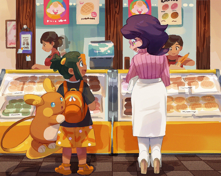 1boy 3girls :d alolan_raichu backpack bag black_shirt commentary_request dark-skinned_male dark_skin elizabeth_(tomas21) food glasses green_hair hau_(pokemon) high_heels highres malasada multiple_girls open_mouth orange_bag orange_footwear pantyhose pokemon pokemon_(creature) pokemon_(game) pokemon_sm purple_hair ribbed_sweater shirt shoes short_sleeves shorts skirt smile standing star_(symbol) star_print sweater white_pantyhose white_skirt wicke_(pokemon) yellow_shorts