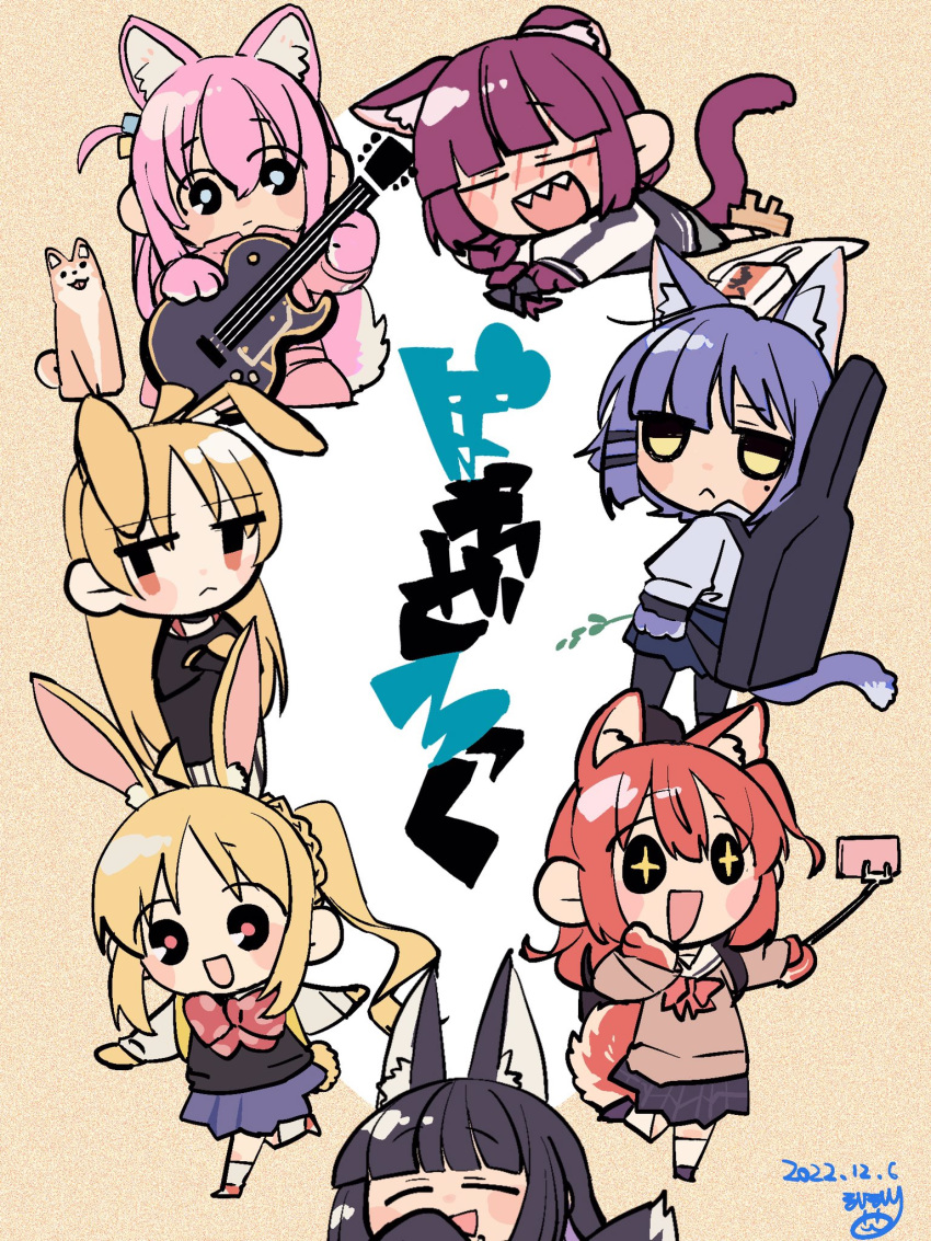 6+girls ahoge animal_ears bangs black_hair black_jacket black_skirt blazer blonde_hair blue_eyes blue_hair blue_skirt bocchi_the_rock! bow braid brown_jacket cat_ears chibi closed_eyes closed_mouth collared_shirt cube_hair_ornament electric_guitar gibson_les_paul gotou_hitori green_eyes guitar hair_between_eyes hair_ornament highres hiroi_kikuri holding holding_instrument ijichi_nijika ijichi_seika instrument jacket kita_ikuyo long_hair long_sleeves mirumiru mole mole_under_eye multicolored_clothes multicolored_jacket multiple_girls music one_side_up open_mouth pa-san pants pink_hair pink_jacket pink_pants playing_instrument pleated_skirt purple_hair rabbit_ears red_bow red_eyes red_hair sailor_collar school_uniform sharp_teeth shirt shirt_tucked_in short_hair side_ponytail sidelocks single_braid skirt smile tail teeth track_jacket track_pants two-tone_jacket white_jacket white_sailor_collar white_shirt yamada_ryou yellow_eyes