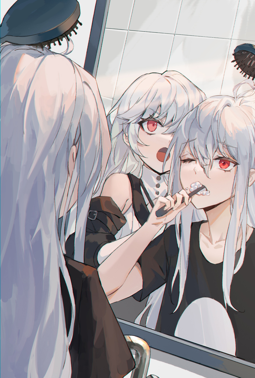 2girls :o absurdres arknights bathroom black_shirt black_sleeves brushing_another's_hair brushing_hair brushing_teeth detached_sleeves grey_hair hair_brush highres long_hair long_sleeves mirror multiple_girls one_eye_closed open_mouth red_eyes shirt short_sleeves skadi_(arknights) specter_(arknights) tile_wall tiles was775