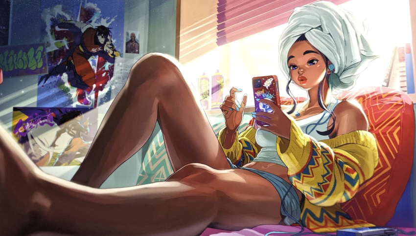 1girl bare_legs bed blue_nails cardigan cassette_player cellphone crop_top dark-skinned_female dark_skin earphones final_fight guy_(final_fight) highres kimberly_(street_fighter) official_art open_cardigan open_clothes phone poster_(object) short_shorts shorts sitting smartphone solo street_fighter street_fighter_6 street_fighter_v sunlight tank_top thick_lips third-party_source towel towel_on_head window zeku