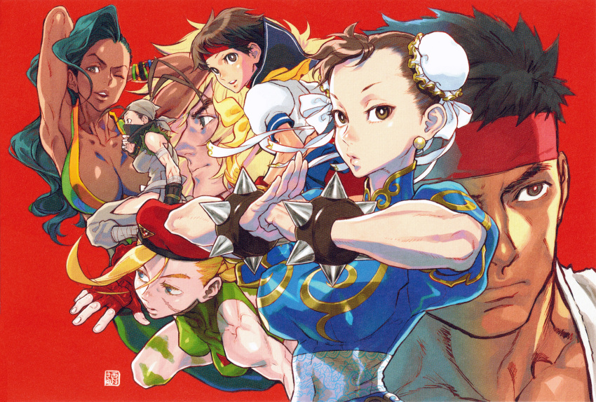 2boys 5girls absurdres antenna_hair armpits arms_behind_head asymmetrical_hair beret black_hair blonde_hair blue_dress blue_eyes blue_serafuku bracelet braid breasts brown_eyes brown_hair bun_cover cammy_white capcom china_dress chinese_clothes chun-li cleavage cornrows covered_nipples double_bun dress earrings green_leotard hair_bun halterneck hat headband highres hip_vent ibuki_(street_fighter) impossible_clothes impossible_leotard jewelry kasugano_sakura ken_masters large_breasts laura_matsuda leotard long_hair medium_breasts moire multiple_boys multiple_girls narrow_waist ninja nishimura_kinu non-web_source official_art one_eye_closed pointy_ears ponytail red_background red_headband ryu_(street_fighter) sash scan scar scar_on_cheek scar_on_face school_uniform serafuku short_hair solo_focus spiked_bracelet spikes street_fighter street_fighter_iii_(series) street_fighter_v street_fighter_zero_(series) tan toned twin_braids