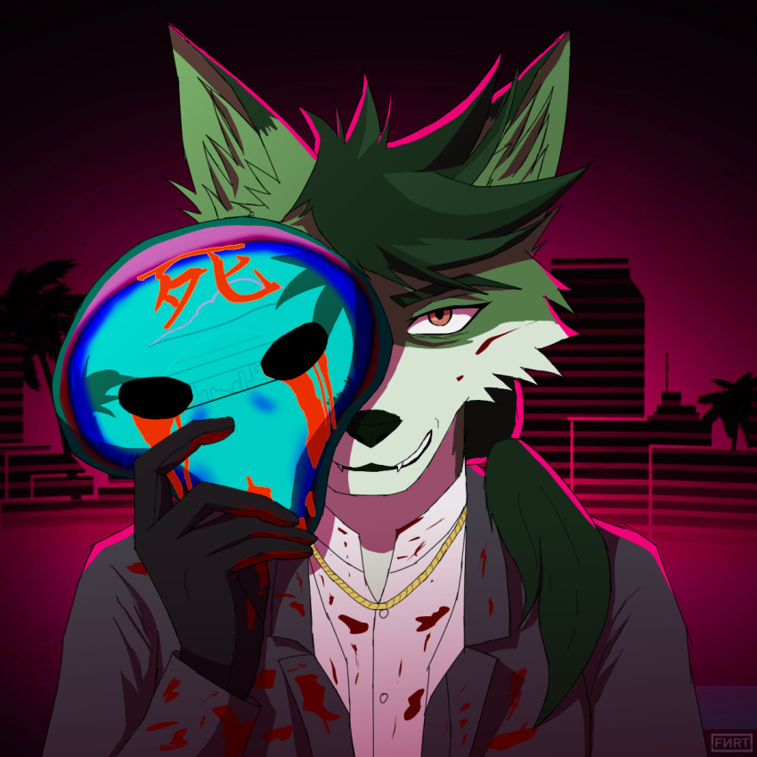 80's_theme blood bodily_fluids canid canine canis creepy_smile fenriet fox fur gold_(metal) gold_jewelry green_body green_fur hair hi_res hybrid jewelry kudo_redfox_(character) mammal maniac mask ponytail serial_killer smile suit_jacket vaporwave wolf