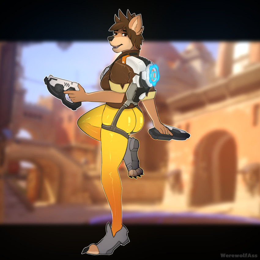 absurd_res anthro blizzard_entertainment bomber_jacket brown_eyes butt canid canine canis clothing domestic_dog dual_wielding feet female footwear herding_dog hi_res holding_object holding_weapon machine mammal overwatch pastoral_dog shoes solo tracer_(overwatch) video_games weapon welsh_corgi werewolfass