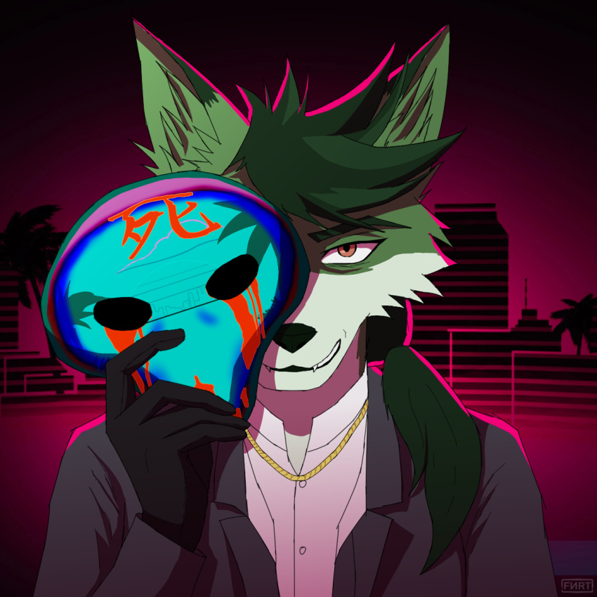80's_theme canid canine canis creepy_smile fenriet fox fur gold_(metal) gold_jewelry green_body green_fur hair hi_res hybrid jewelry kudo_redfox_(character) mammal maniac mask ponytail serial_killer smile suit_jacket vaporwave wolf