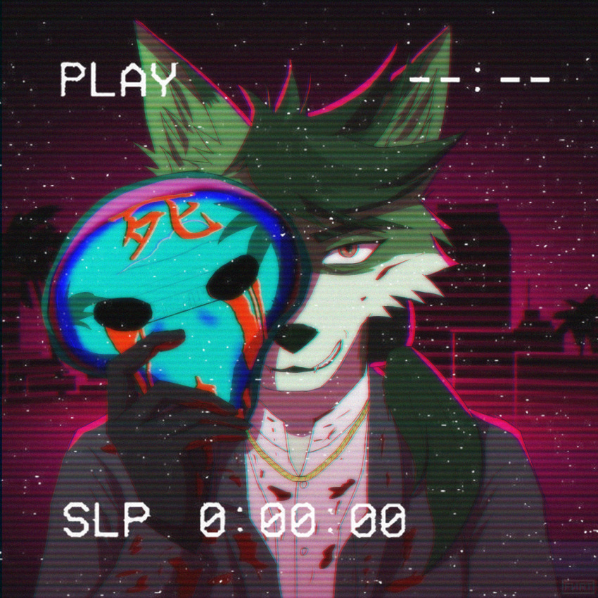 80's_theme blood bodily_fluids canid canine canis creepy_smile fenriet fox fur gold_(metal) gold_jewelry green_body green_fur hair hi_res hybrid jewelry kudo_redfox_(character) mammal maniac mask ponytail serial_killer smile suit_jacket vaporwave vhs_filter wolf