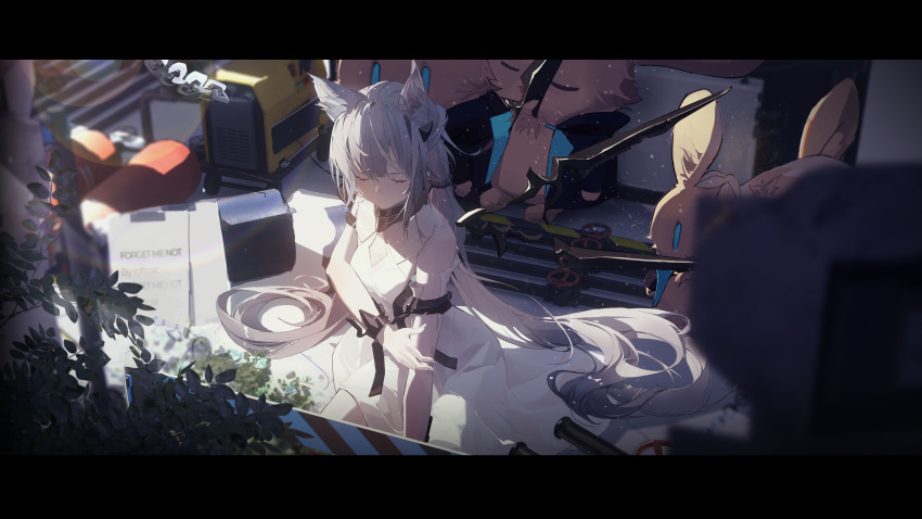 1girl absurdres amiya_(arknights) animal_ears arknights breasts cat_ears character_doll closed_eyes detached_wings dress grey_hair highres indoors lens_flare loftcat long_hair mechanical_wings rosmontis_(arknights) rosmontis_(become_anew)_(arknights) sitting sleeveless sleeveless_dress small_breasts solo very_long_hair white_dress wings