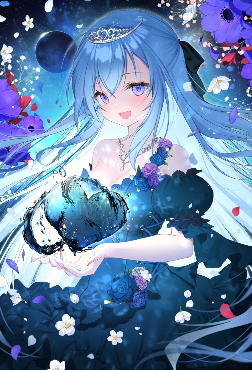 1girl :d bangs bare_shoulders black_bow blue_hair bow breasts cleavage copyright_request crown dress emori_miku flower hair_between_eyes hair_bow hair_ornament highres jewelry large_breasts looking_at_viewer mini_crown nail_polish necklace open_mouth petals purple_eyes red_nails rose smile solo straight_hair upper_body yoruhoshi_owl