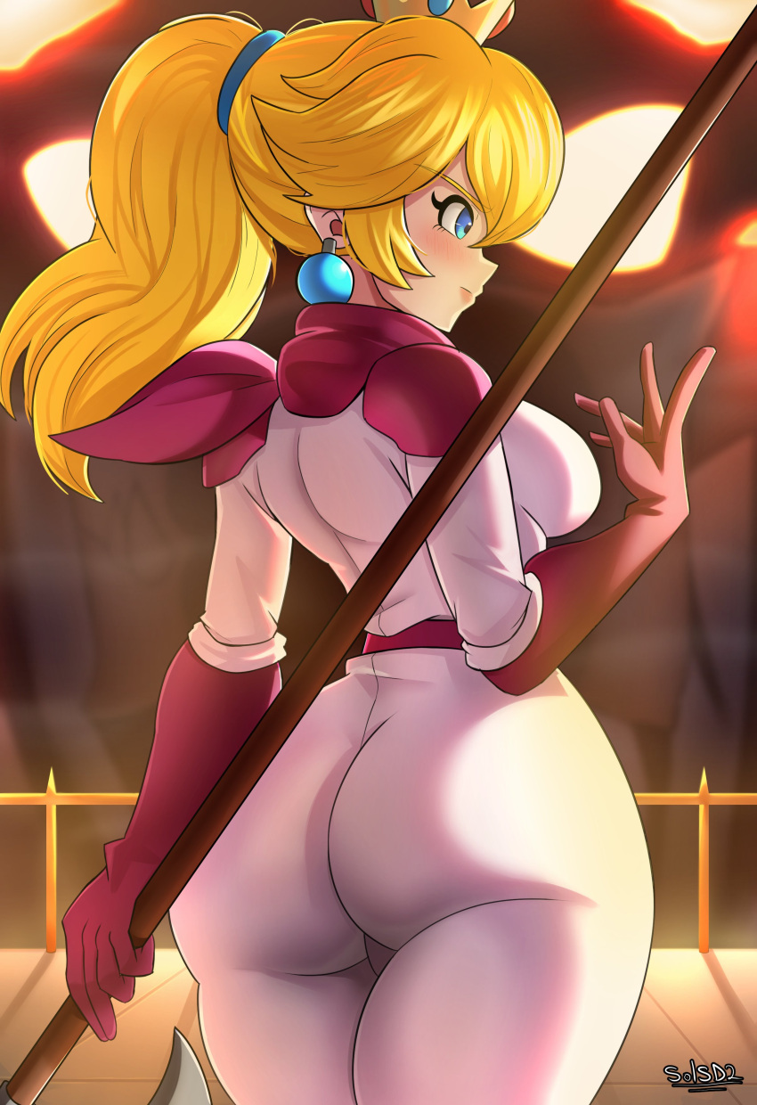 1girl absurdres ass bangs biker_clothes bikesuit blonde_hair blue_eyes bodysuit breasts cowboy_shot crown earrings from_behind hammerofsolace highres holding holding_polearm holding_weapon jewelry long_hair mario_(series) polearm ponytail princess_peach sideboob solo the_super_mario_bros._movie weapon white_bodysuit