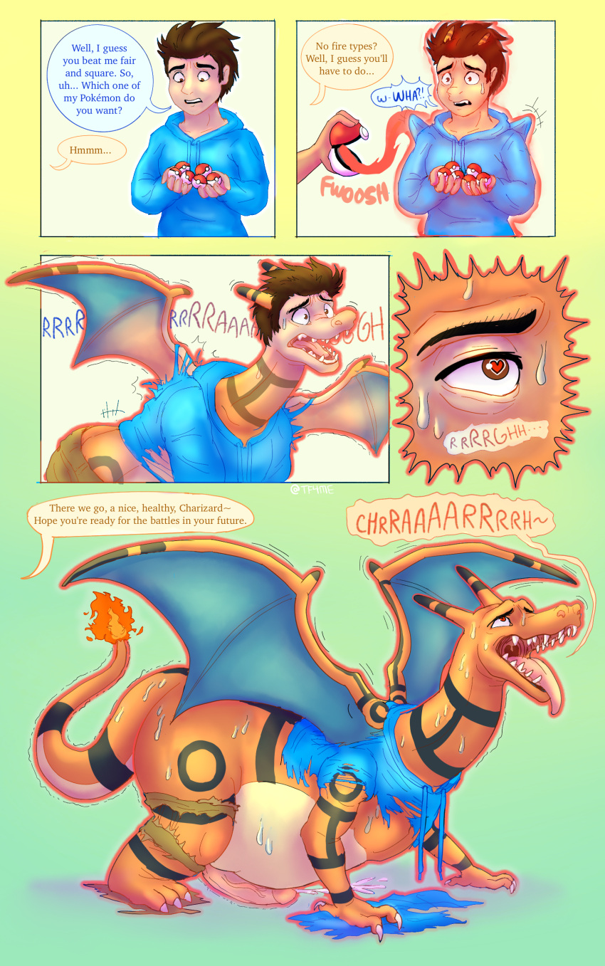 &lt;3 &lt;3_eyes absurd_res bodily_fluids charizard claws clothed clothing colored comic cum dialogue ejaculating_cum ejaculation english_text feral generation_1_pokemon genital_fluids genitals gradient_background growth hi_res horn horn_growth human looking_pleasured male mammal membrane_(anatomy) membranous_wings nintendo open_mouth penis pokemon pokemon_(species) simple_background solo species_transformation speech_bubble sweat tail_growth text tf4me tongue tongue_out torn_clothing transformation transformation_sequence video_games wing_growth wings