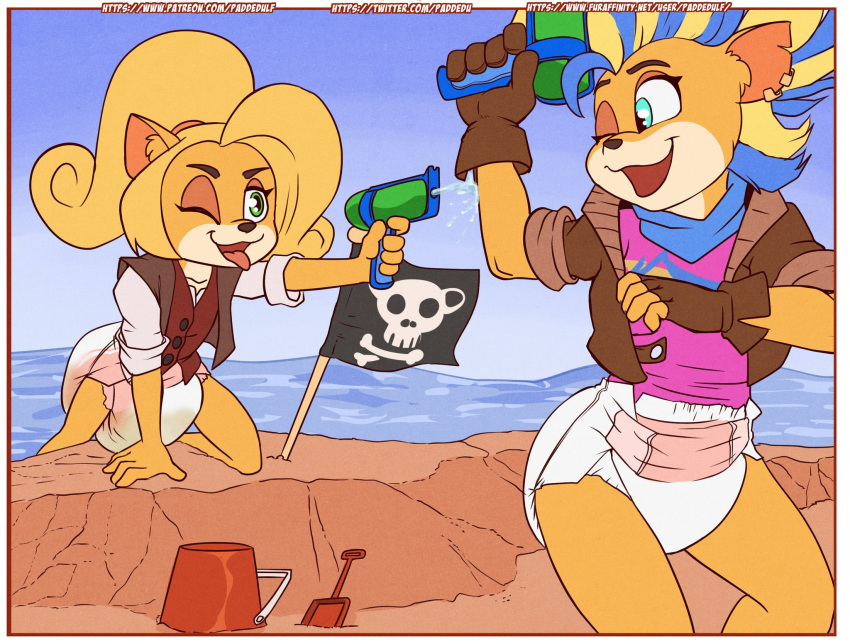 activision anthro beach coco_bandicoot crash_bandicoot_(series) diaper diaper_fetish duo feces female female/female fur hi_res looking_at_another messy_diaper paddedulf pirate_tawna pooping seaside smile soiled_diaper soiling soiling_diaper tawna_bandicoot toy toy_gun video_games water_gun