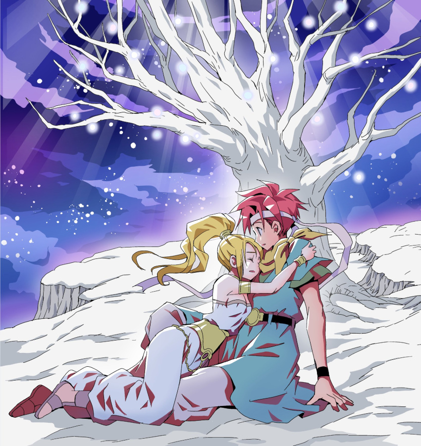 1boy 1girl belt blonde_hair breasts chrono_trigger cloud crono_(chrono_trigger) feet full_body headband highres jewelry long_hair mai_iwaizumi marle_(chrono_trigger) open_mouth ponytail red_hair sandals scarf spiked_hair tree