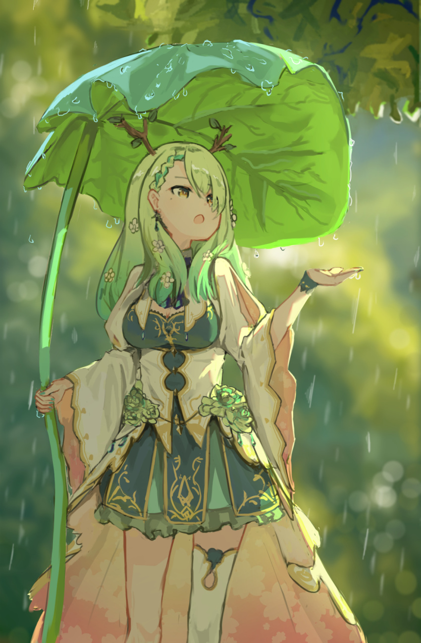 1girl antlers bangs braid ceres_fauna cloak dress flower gradient_hair green_hair green_theme hair_flower hair_ornament highres holding holding_umbrella hololive hololive_english jewelry leaf_umbrella long_hair looking_up mole multicolored_hair open_mouth rain ribbon single_thighhigh solo thighhighs umbrella virtual_youtuber waneyeye water_drop white_cloak yellow_eyes