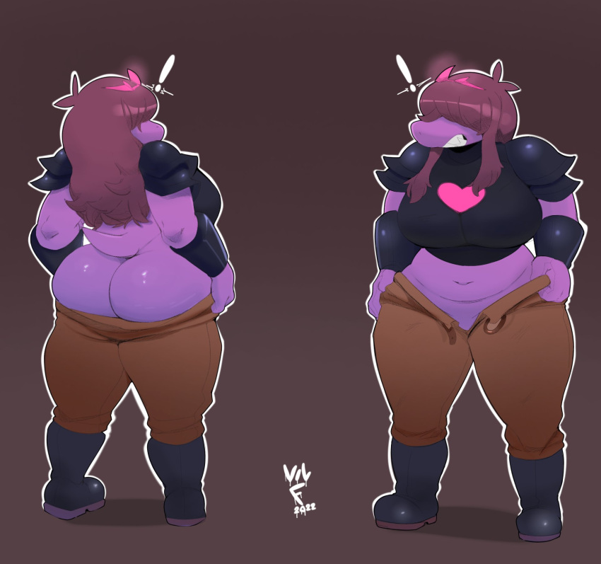 angry anthro armor big_breasts big_butt boots bottomwear breasts brown_background brown_hair butt clothing clothing_too_small deltarune dressing female footwear front_and_back hair hair_over_eyes hi_res multiple_angles pants purple_body purple_scales reptile scales scalie short_tail simple_background slightly_chubby solo susie_(deltarune) teeth thick_thighs topwear undertale_(series) video_games vilf