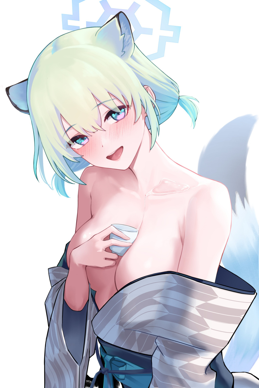 1girl absurdres animal_ears bangs bath_yukata blue_archive blush breasts cup halo highres japanese_clothes kimono light_green_hair liquid looking_at_viewer medium_breasts off_shoulder onuj2$ open_mouth shigure_(blue_archive) shigure_(hot_spring)_(blue_archive) short_twintails simple_background solo tail twintails weasel_ears weasel_girl weasel_tail white_background yagasuri yukata