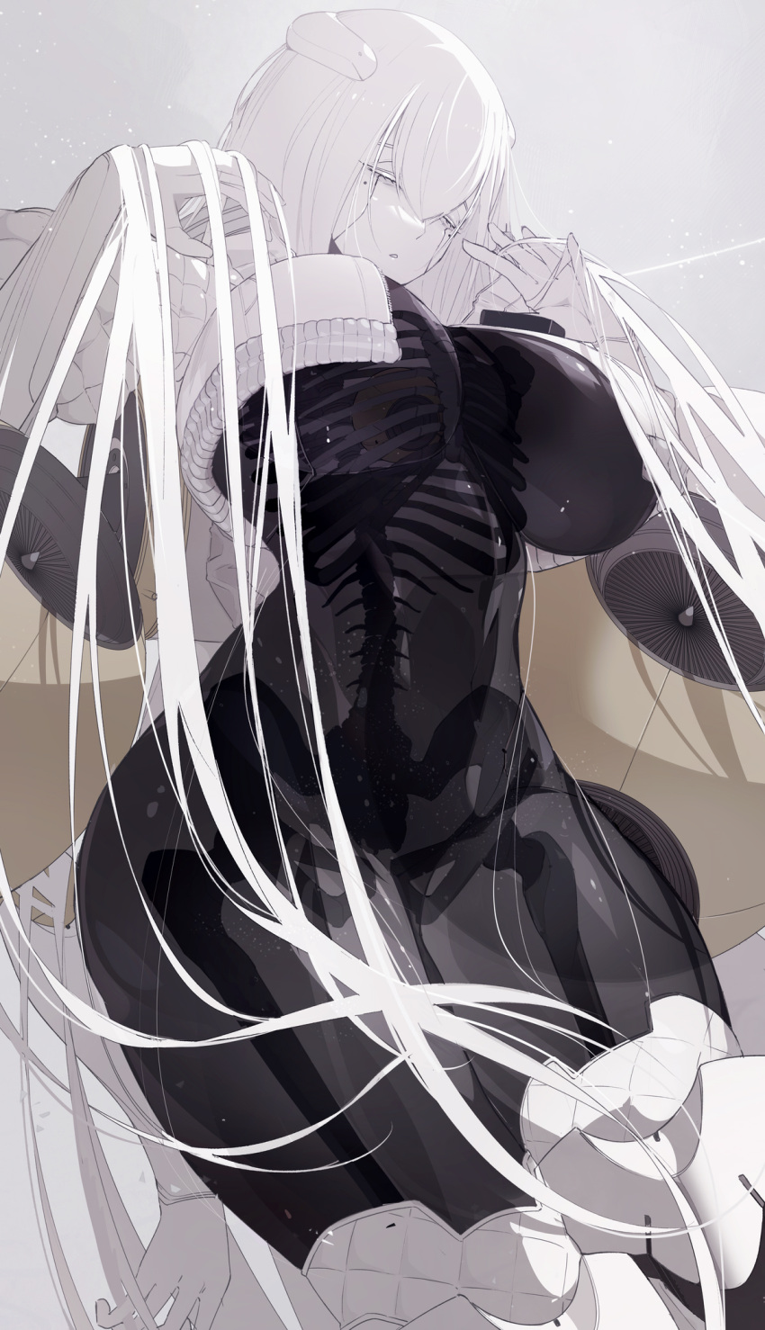 1girl android bone breasts closed_eyes colored_skin curvy eurica_(ub1mo) extra_arms hands_up highres large_breasts long_hair original ribs robot science_fiction skeleton solo spine translucent translucent_skin ub1mo very_long_hair white_hair white_skin wide_hips