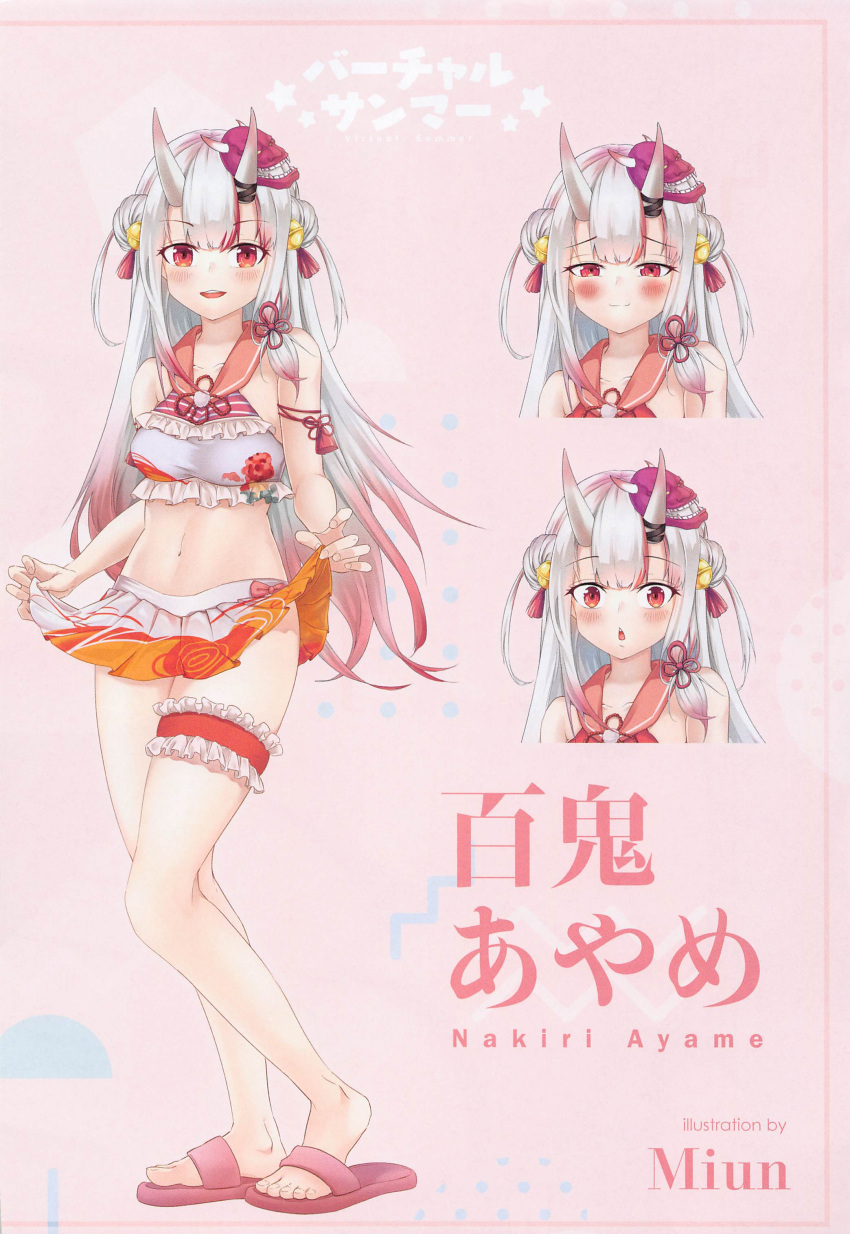 1girl absurdres arm_garter artbook bell bikini blush breasts fang hair_bell hair_bun hair_ornament highres hololive horns long_hair looking_at_viewer medium_breasts multicolored_hair nakiri_ayame navel oni_horns red_eyes red_hair scan skin_fang smile solo streaked_hair swimsuit virtual_youtuber white_hair