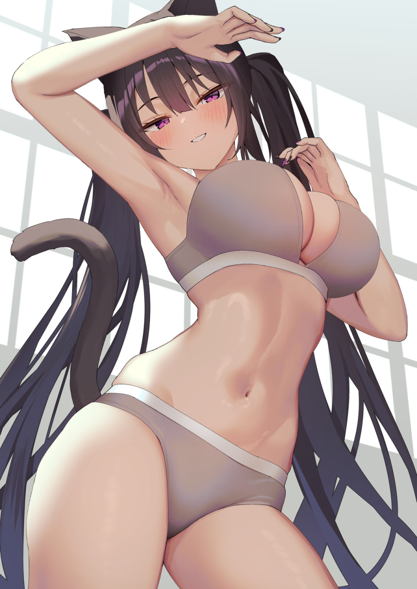 1girl animal_ears arm_up armpits black_hair black_tail blush bra breasts cat_ears cat_tail cleavage cowboy_shot dutch_angle from_below grey_bra grey_panties highres indoors large_breasts linea_alba long_hair looking_at_viewer mintoaisu nail_polish navel original panties parted_lips purple_eyes purple_nails smile solo standing stomach tail tail_raised thighs twintails underwear underwear_only very_long_hair window