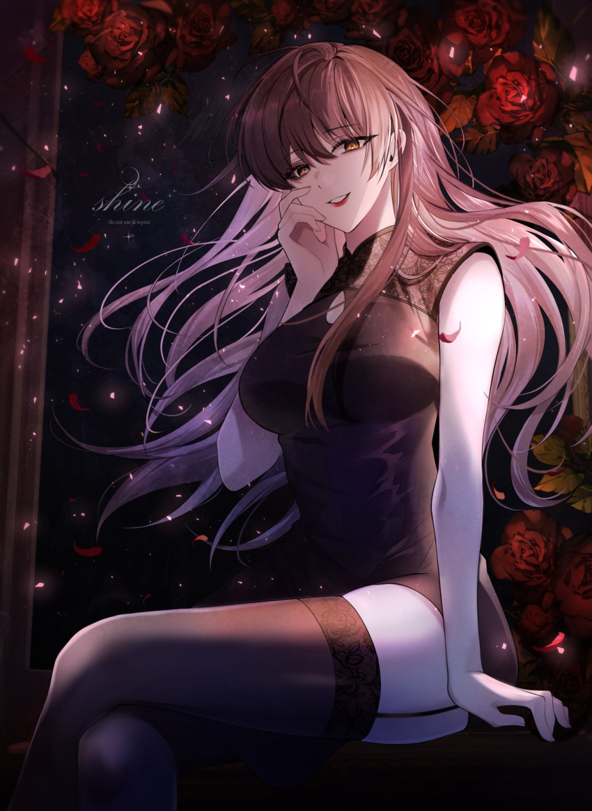 1girl alternate_form artist_name black_dress breasts brown_eyes brown_hair dress flower grin highres korean_commentary long_hair looking_at_viewer medium_breasts omniscient_reader's_viewpoint pedal persephone_(omniscient_reader's_viewpoint) red_flower red_lips red_rose rose shine_s247 sitting smile solo thighhighs yoo_sangah