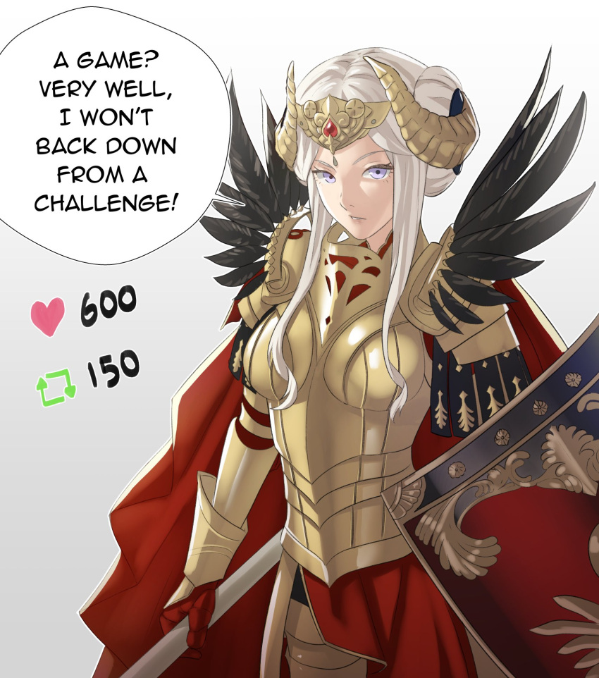 1girl armor axe breasts cape closed_mouth double_bun edelgard_von_hresvelg fire_emblem fire_emblem:_three_houses fire_emblem_heroes full_armor gloves hair_bun hair_ornament hair_ribbon highres horns long_hair long_sleeves looking_at_viewer pomelomelon purple_eyes red_cape ribbon shield simple_background solo white_hair