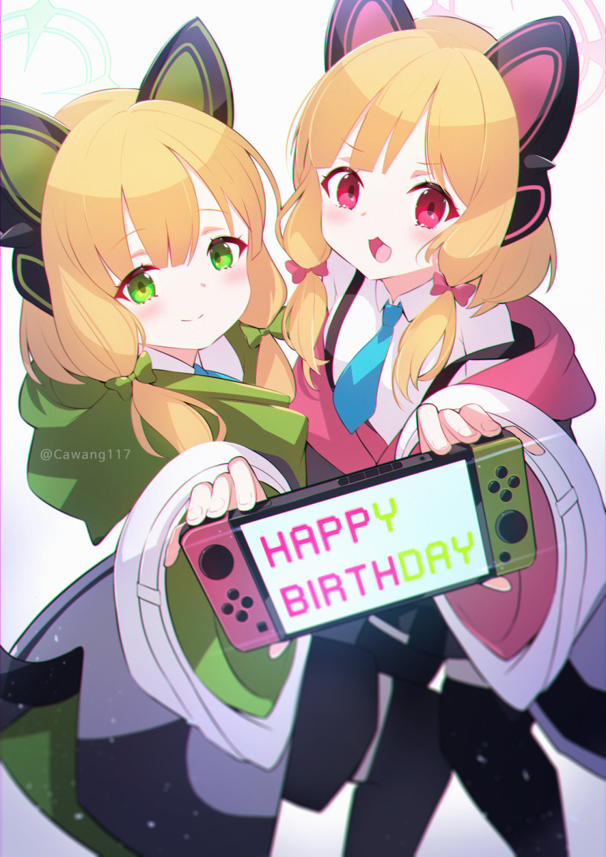 2girls blonde_hair blue_archive cawang closed_mouth green_eyes handheld_game_console highres holding holding_handheld_game_console midori_(blue_archive) momoi_(blue_archive) multiple_girls nintendo_switch open_mouth red_eyes short_hair siblings sisters smile