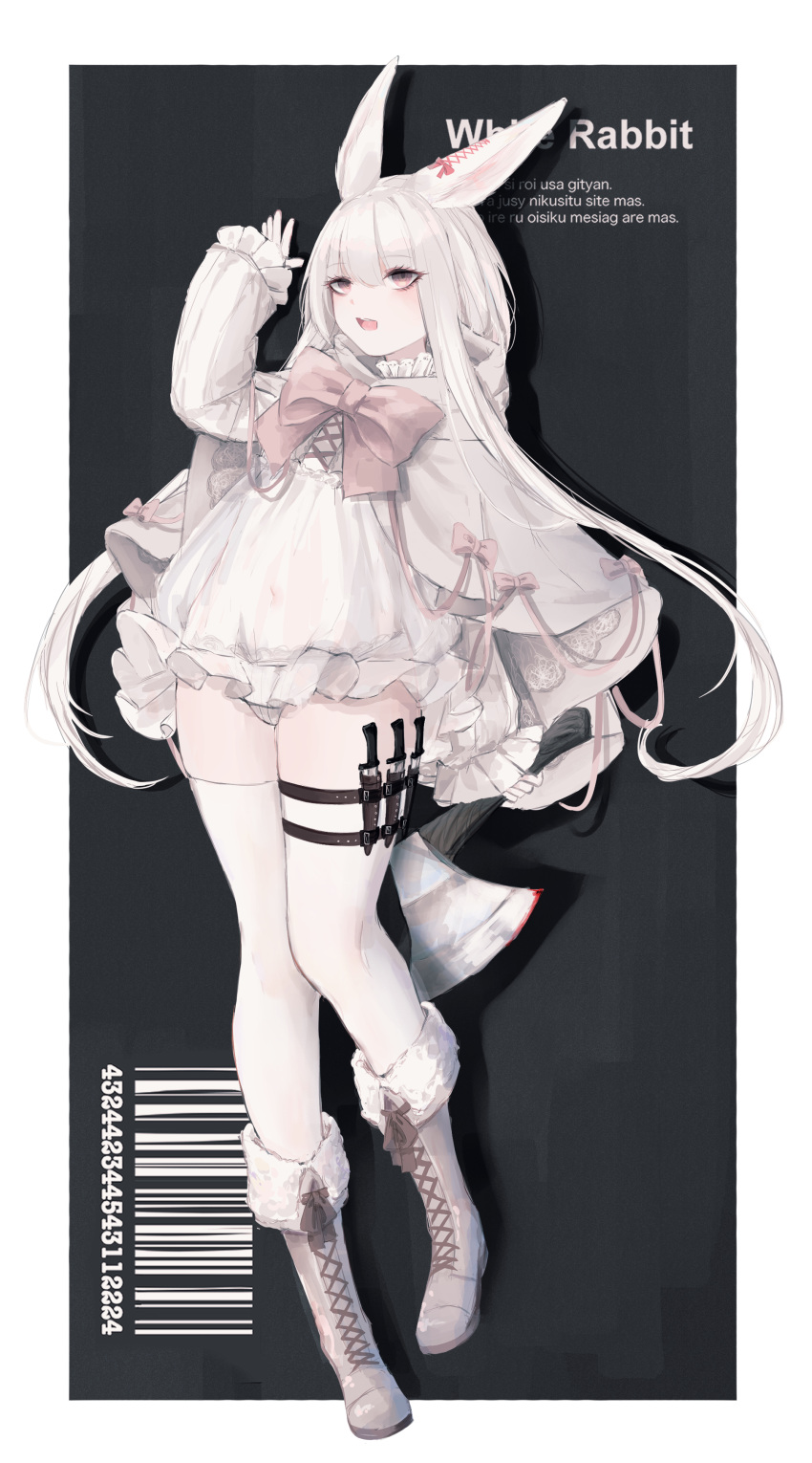 1girl absurdres anaketu animal_ears axe bangs barcode boots bow cross-laced_footwear dress highres holding holding_axe holster knife_holster lace-up_boots long_hair open_mouth original pink_bow rabbit_ears rabbit_girl sleeves_past_wrists solo thigh_holster thigh_strap thighhighs very_long_hair white_dress white_hair white_thighhighs yellow_eyes