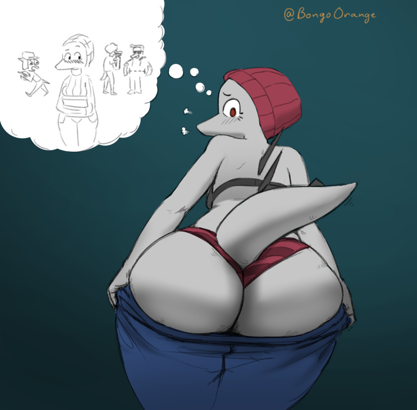absurd_res anthro beanie big_butt blush brown_eyes butt butt_grab clothed clothing dinosaur erin_(snoot_game) female grey_body group hand_on_butt hat headgear headwear hi_res long_snout looking_at_viewer looking_back low-angle_view male orange_bongo panties reptile scalie simple_background snoot_game_(fan_game) snout spikes spikes_(anatomy) thick_thighs thought_bubble underwear undressing wide_hips worm's-eye_view