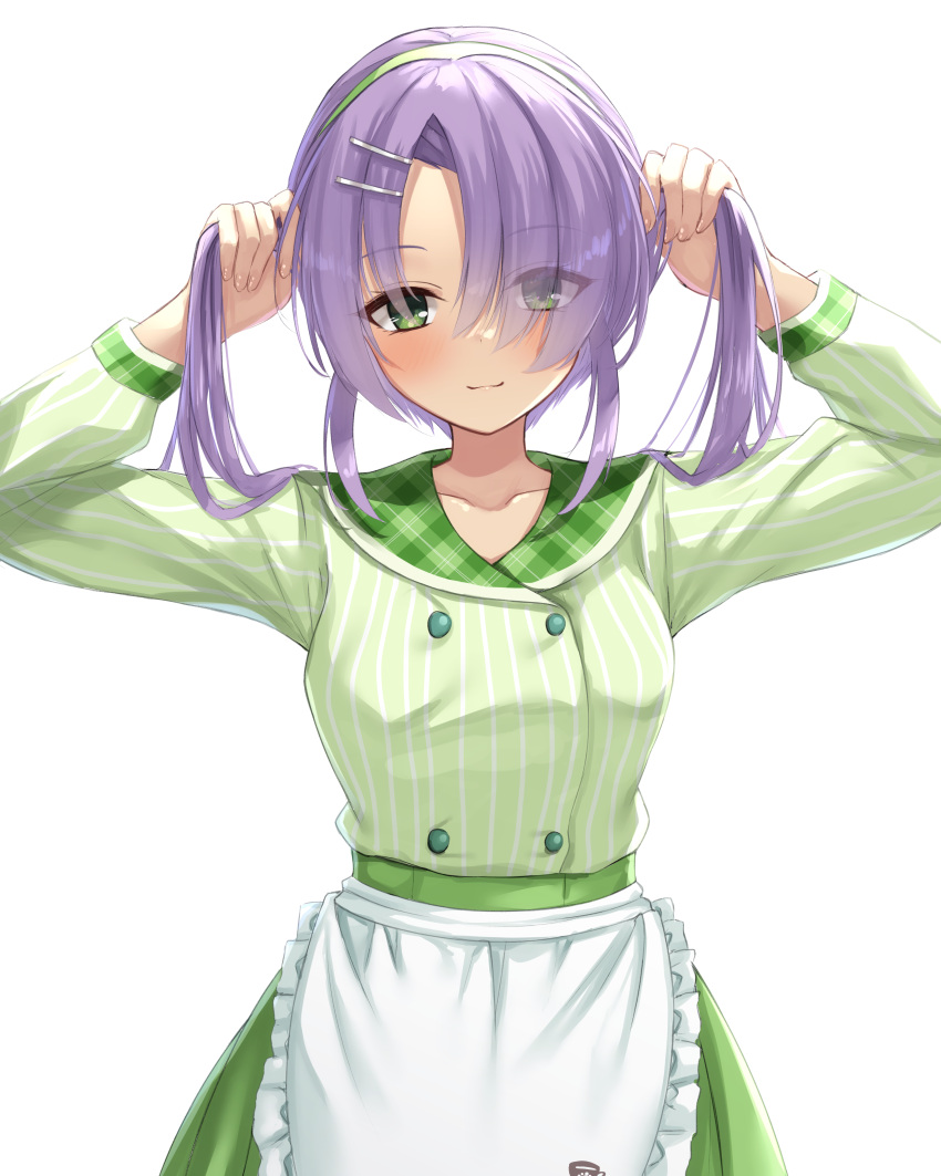 1girl absurdres apron bangs blush breasts bunching_hair cafe_stella_to_shinigami_no_chou dark_skin dress eyebrows_hidden_by_hair eyelashes green_dress green_eyes green_headwear hair_between_eyes hair_ornament hair_over_one_eye hairband highres hiuchidani_mei looking_at_viewer medium_breasts medium_hair ncontrail_(mgax7527) purple_hair smile solo twintails uniform white_background yuzu-soft