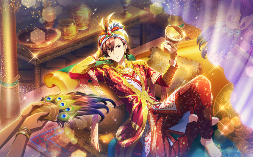1boy amagase_touma arabian_clothes barefoot brown_eyes brown_hair cup feathers fingernails folding_fan glint hair_between_eyes hand_fan highres holding holding_cup idolmaster idolmaster_side-m idolmaster_side-m_live_on_stage! long_sleeves looking_at_viewer official_art pants red_pants smile third-party_source toenails toes