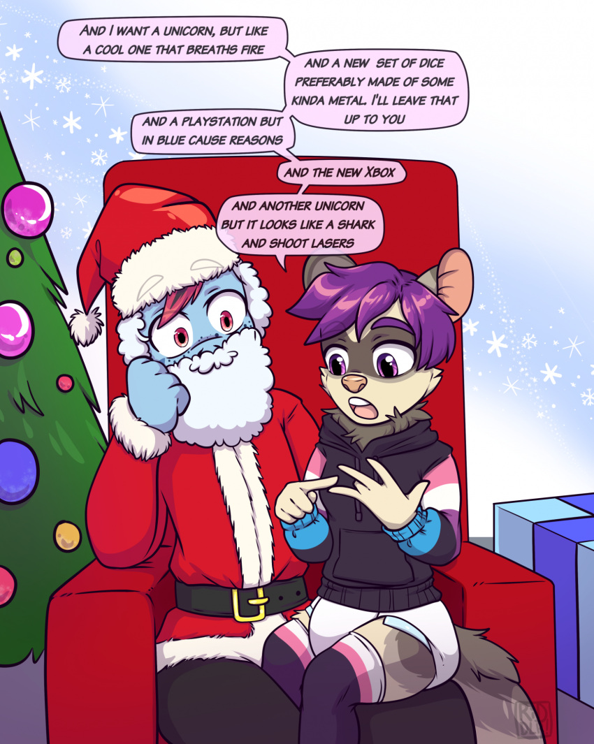 ambiguous_gender anthro arm_support artist_name beard black_belt black_bottomwear black_clothing black_hair black_hoodie black_pants black_topwear blue_body bottomwear brown_body brown_fur cheek_tuft christmas christmas_clothing christmas_headwear clothed clothing costume dallas_(paddeddrew) dialogue diaper domestic_ferret duo english_text facial_hair facial_tuft female fur gift glistening glistening_eyes glistening_hair hair hat headgear headwear hi_res holidays hoodie humanoid_fingers infantilism leaning_on_elbow mammal multicolored_hair mustela mustelid musteline open_mouth pants pink_tongue plant purple_eyes purple_hair red_clothing red_eyes red_hair red_hat red_headwear red_topwear riddlr santa_costume santa_hat simple_background sitting tan_body tan_fur text tongue topwear tree true_musteline tuft two_tone_hair wearing_diaper white_beard white_diaper wide_eyed