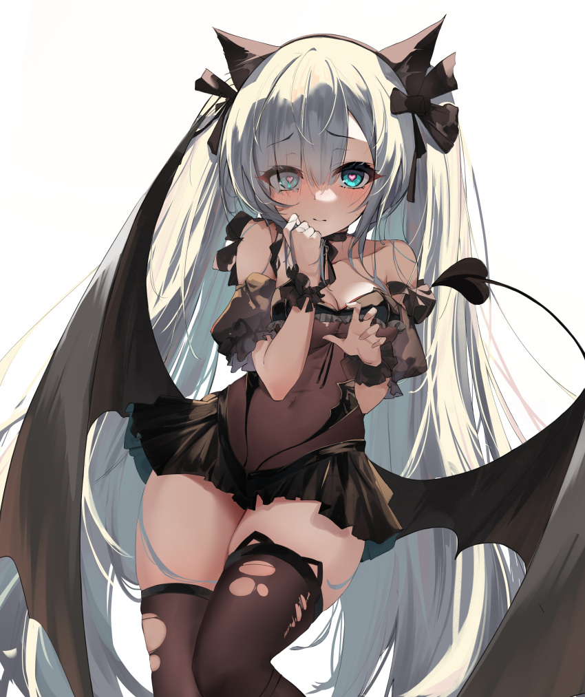 1girl a_fangfang_fang_fang absurdres animal_ears aqua_eyes azur_lane bangs bare_shoulders black_pantyhose black_ribbon black_scrunchie black_thighhighs black_wings blush breasts cat_ears commentary covered_navel demon_wings feet_out_of_frame frills hair_ribbon halloween halloween_costume heart heart-shaped_pupils highres holding holding_hair janus_(azur_lane) janus_(fright-night_scaredy-cat)_(azur_lane) leotard long_hair looking_at_viewer medium_breasts official_alternate_costume pantyhose ribbon scrunchie see-through sidelocks solo symbol-shaped_pupils thighhighs thighs torn_clothes torn_thighhighs twintails white_background white_hair wings wrist_scrunchie