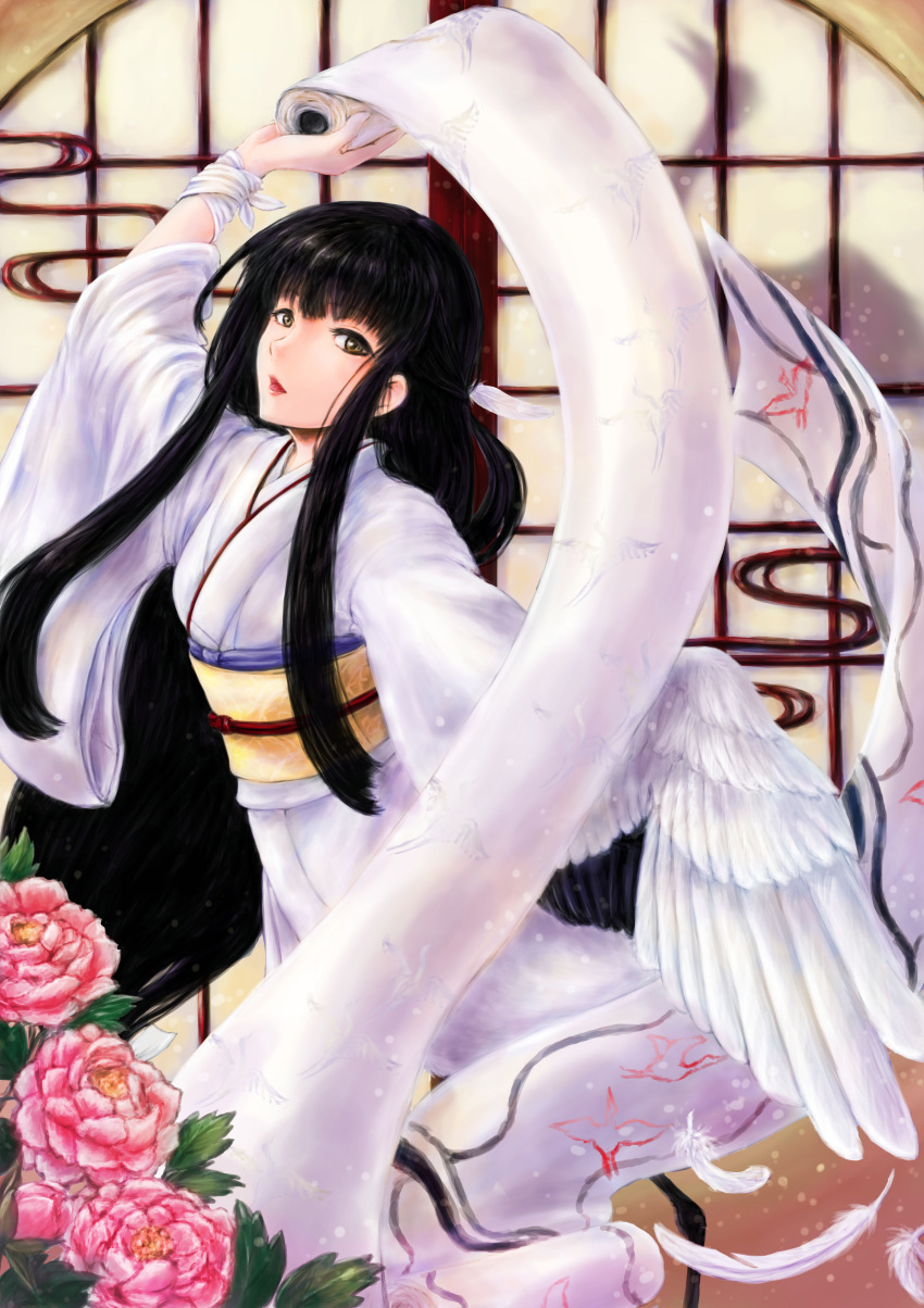 1girl absurdres bird black_eyes black_hair crane_(animal) feathered_wings feathers flower highres japanese_clothes kimono kuroa_(kuroan) long_hair obi open_mouth pink_flower sash scroll silhouette solo tsuru_no_ongaeshi white_kimono white_wings wings