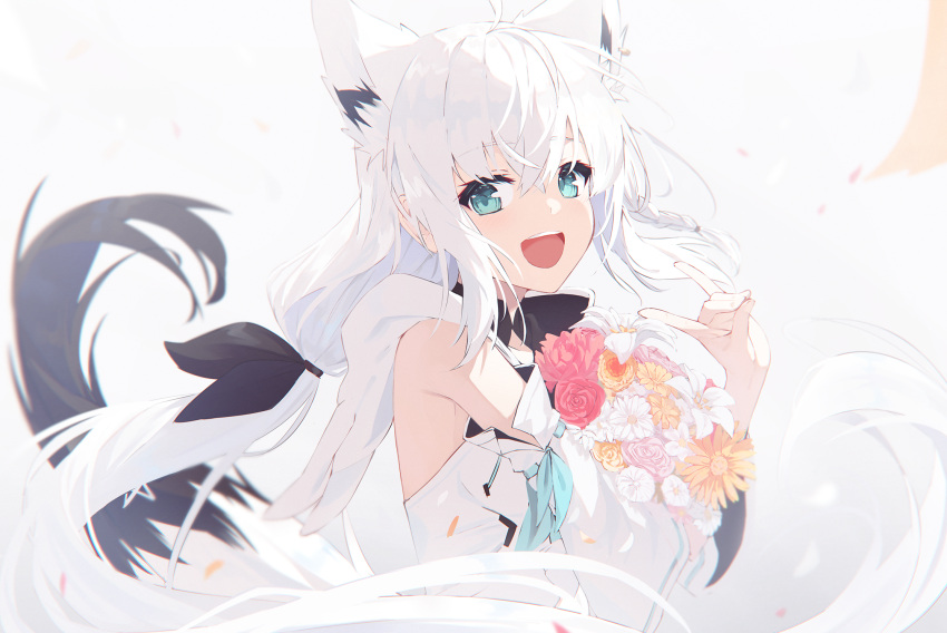 1girl ahoge animal_ear_fluff animal_ears aqua_eyes bangs bare_shoulders black_ribbon blue_neckerchief bouquet braid detached_sleeves ear_piercing earrings extra_ears eyebrows_hidden_by_hair flower fox_ears fox_girl fox_shadow_puppet fox_tail front_slit hair_between_eyes hair_ribbon highres holding holding_bouquet hololive jewelry long_hair looking_at_viewer low_ponytail nagishiro_mito neckerchief pentagram petals piercing ribbon shirakami_fubuki shirt side_braid sidelocks simple_background single_braid single_earring smile solo strapless tail teeth upper_body upper_teeth virtual_youtuber white_background white_hair white_shirt white_sleeves wide_sleeves