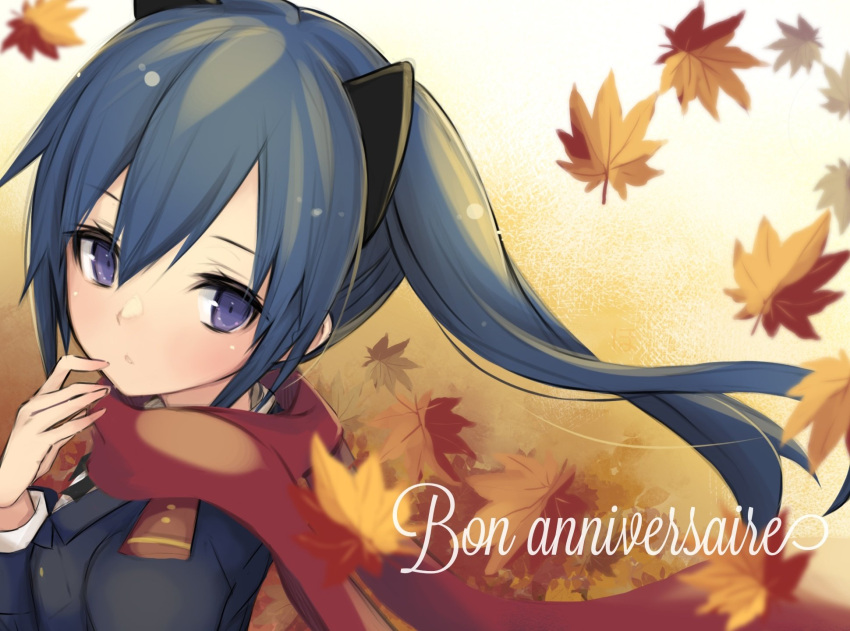 1girl animal_ears assault_lily autumn_leaves bangs blue_hair blue_jacket cat_ears collared_shirt commentary_request epaulettes fake_animal_ears falling_leaves floating_hair floating_scarf french_text from_side gradient gradient_background hair_between_eyes hand_to_own_mouth hand_up happy_birthday highres hotaru_(ultraroly_poly) ishikawa_aoi jacket leaf long_hair long_sleeves looking_at_viewer looking_to_the_side maple_leaf parted_lips portrait purple_eyes red_scarf scarf school_uniform shirt side_ponytail solo translated white_background white_shirt yellow_background