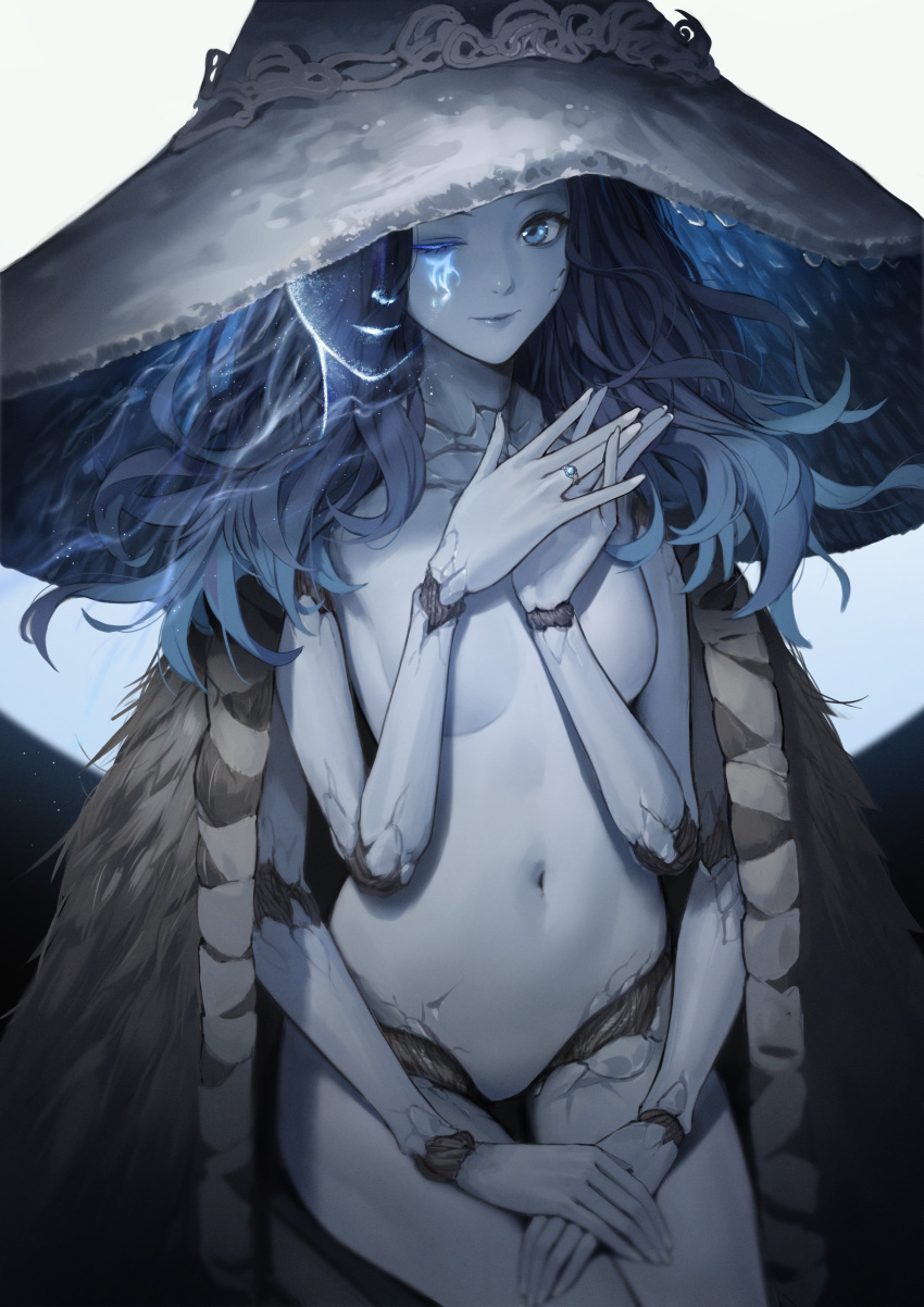 1girl absurdres bangs blue_eyes blue_hair blue_lips blue_skin breasts cloak colored_skin cracked_skin doll_joints duan_henglong elden_ring extra_arms extra_faces fur_cloak glowing_tattoo hat highres jewelry joints large_hat lips long_hair looking_at_viewer medium_breasts medium_hair navel nude one_eye_closed open_clothes parted_bangs ranni_the_witch ring smile solo white_headwear witch witch_hat
