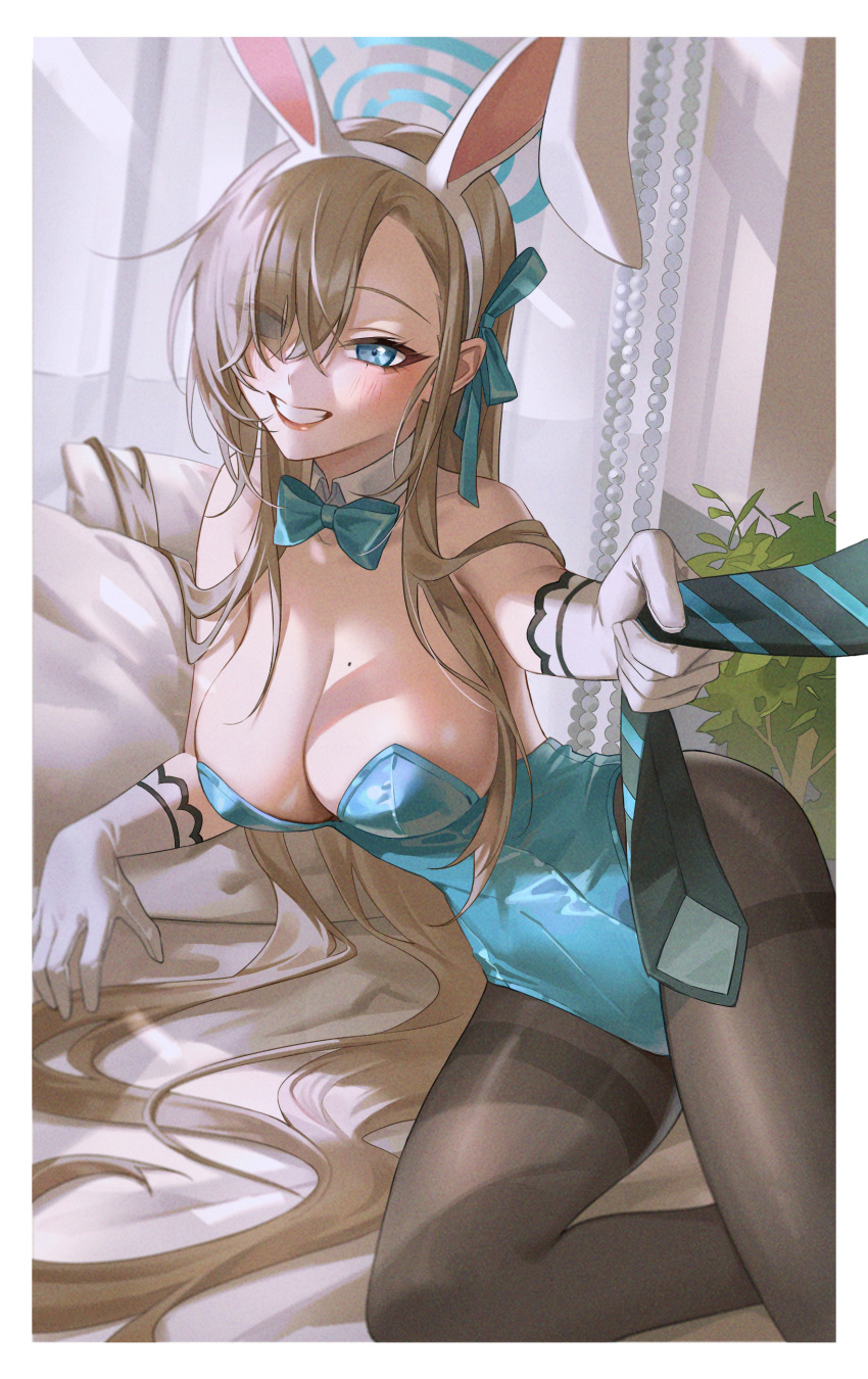 1girl absurdres animal_ears asuna_(blue_archive) asuna_(bunny)_(blue_archive) asymmetrical_bangs bangs bare_shoulders bed black_necktie blue_archive blue_bow blue_bowtie blue_eyes blue_leotard blue_ribbon blush border bow bowtie breasts brown_pantyhose cleavage collarbone commentary_request curtains detached_collar diagonal-striped_necktie diagonal_stripes eyelashes eyes_visible_through_hair fake_animal_ears gloves grin hair_over_one_eye hair_ribbon hairband highleg highleg_leotard highres indoors jyuma large_breasts leotard light_brown_hair long_hair looking_at_viewer lying mole mole_on_breast necktie necktie_grab neckwear_grab on_bed on_side outside_border pantyhose parted_bangs pillow plant playboy_bunny rabbit_ears ribbon sidelocks smile solo_focus strapless strapless_leotard striped striped_necktie teeth thighband_pantyhose very_long_hair white_border white_gloves white_hairband window wing_collar