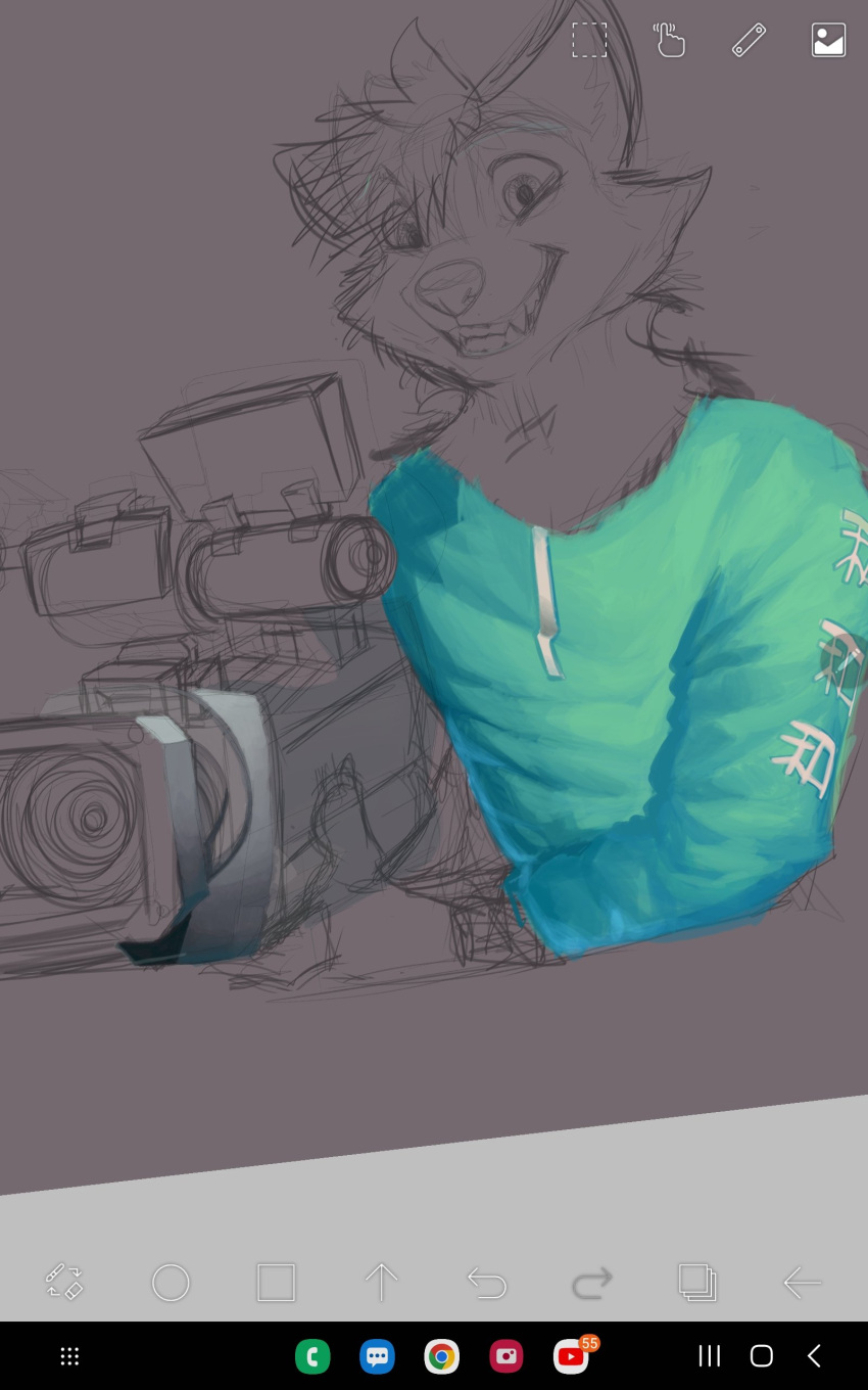 absurd_res anthro camera canid canine clothed clothing fox hi_res holding_object iaian_luxo_fox male mammal sketch smile solo text unfinished