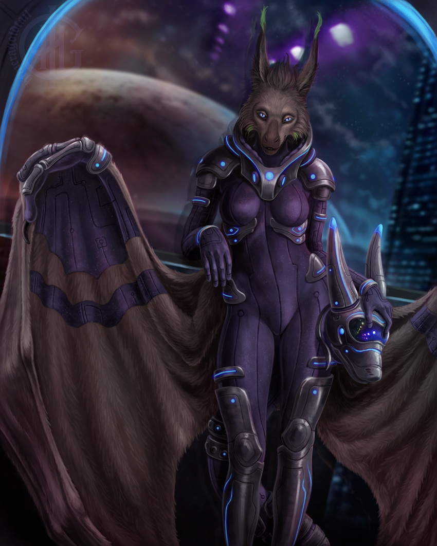 4:5 anthro armor artist_logo artist_name blue_eyes blurred_background brown_body brown_fur brown_wings cheek_tuft chiropteran clothed clothing ear_tuft facial_tuft female front_view fur furred_wings head_tuft headgear helmet hi_res himeragoldtail holding_armor holding_headgear holding_helmet holding_object logo looking_at_viewer mammal membrane_(anatomy) membranous_wings planet smile solo space spacesuit standing tuft wings