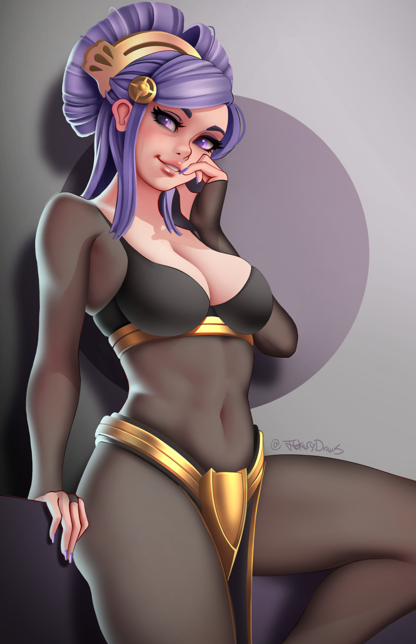 1girl absurdres alternate_costume bangs bodystocking bodysuit breasts cleavage comb cosplay covered_navel fire_emblem fire_emblem_fates hair_bun hair_ornament highres jackary large_breasts long_hair looking_at_viewer mature_female midriff navel open_mouth orochi_(fire_emblem) pelvic_curtain purple_eyes purple_hair simple_background skin_tight smile solo tharja_(fire_emblem) tharja_(fire_emblem)_(cosplay) thighs