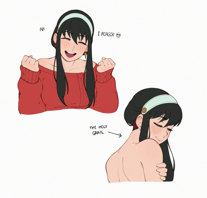 1girl bangs bare_back bare_shoulders black_hair clenched_hands closed_eyes closed_mouth english_commentary english_text hairband highres long_bangs long_hair long_sleeves neck off-shoulder_sweater off_shoulder open_mouth red_sleeves red_sweater riz simple_background solo spy_x_family sweater teeth upper_body upper_teeth white_background white_hairband yor_briar