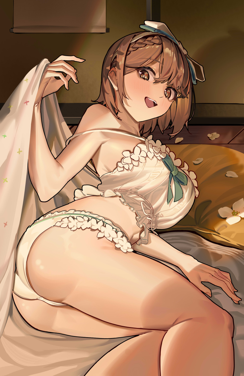 absurdres atelier_(series) atelier_ryza atelier_ryza_2 azur_lane bed_invitation blanket braid brown_hair camisole doufu_(pixiv9093484) flower french_braid frilled_camisole frilled_panties frills futon highres lying on_side panties petals reisalin_stout reisalin_stout_(late_night_alchemist) short_hair spaghetti_strap strap_slip underwear yellow_camisole