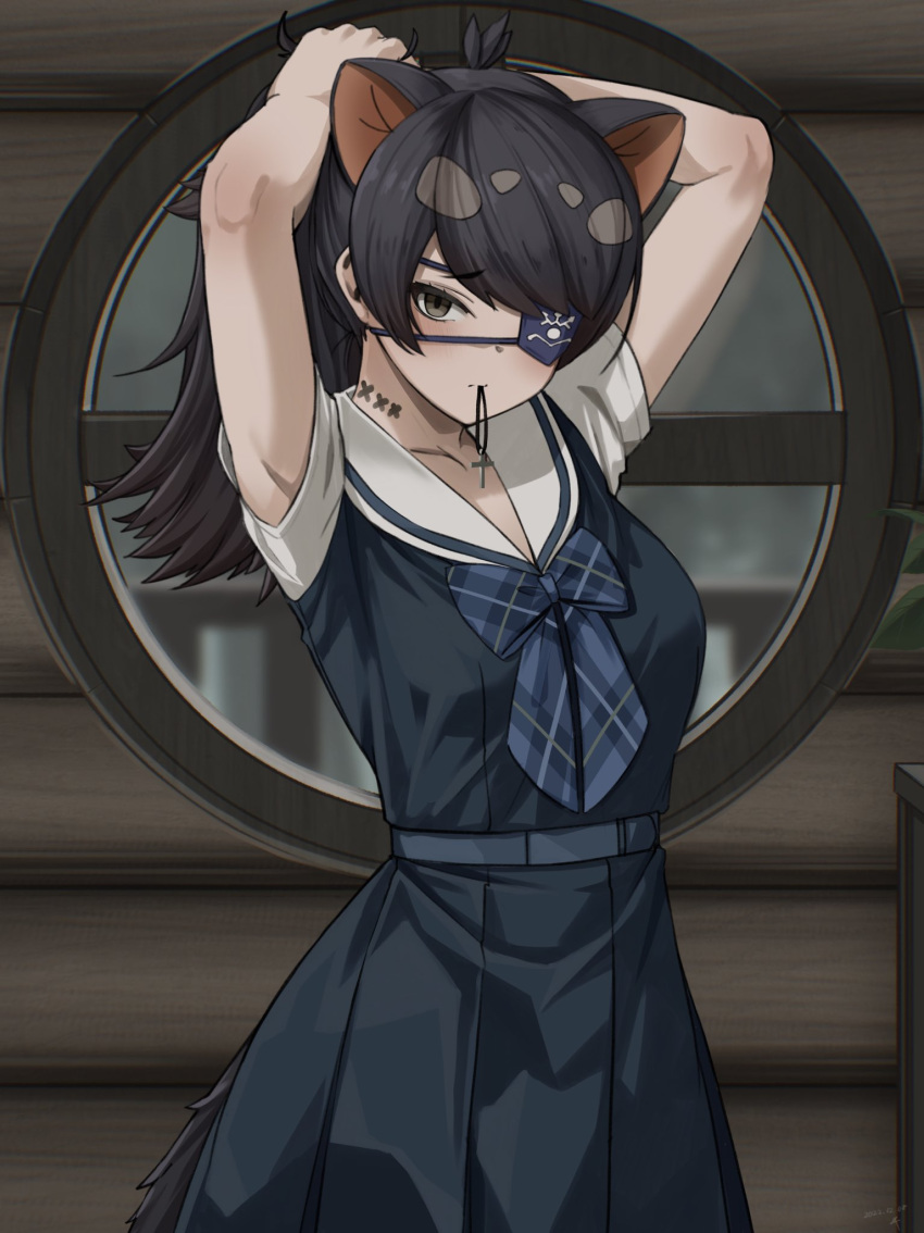 1girl arms_up australian_devil_(kemono_friends) bare_arms belt black_eyes black_hair black_shirt black_skirt bow bowtie commentary_request cross_hair_ornament deku_suke empty extra_ears eyepatch hair_ornament hair_tie_in_mouth highres indoors kemono_friends long_hair looking_at_viewer mouth_hold one_eye_covered plaid plaid_bow plaid_bowtie pleated_skirt round_window sailor_collar shirt short_sleeves skirt solo tail tasmanian_devil_ears tasmanian_devil_tail tying_hair window wooden_wall