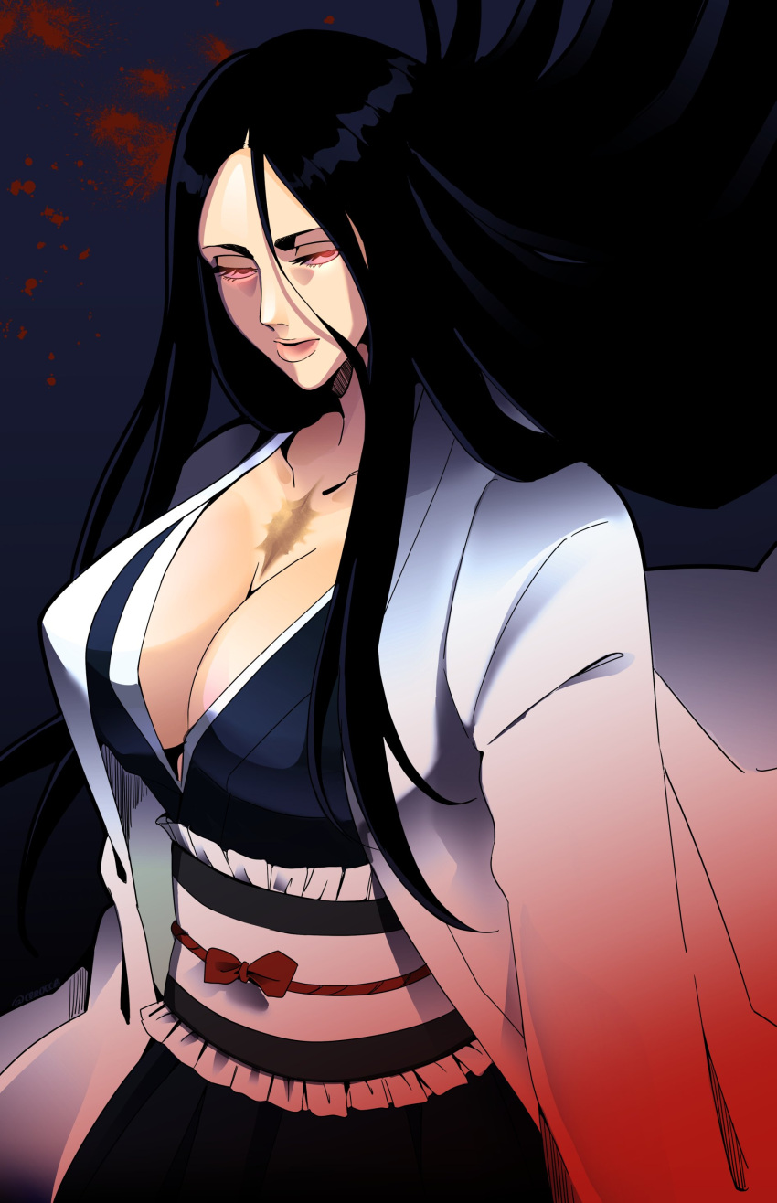 1girl absurdres black_hair bleach bleach:_the_thousand-year_blood_war blood blue_eyes breasts ceroccb cleavage haori highres japanese_clothes large_breasts long_hair mole mole_under_mouth scar smile solo taichou_haori unohana_retsu