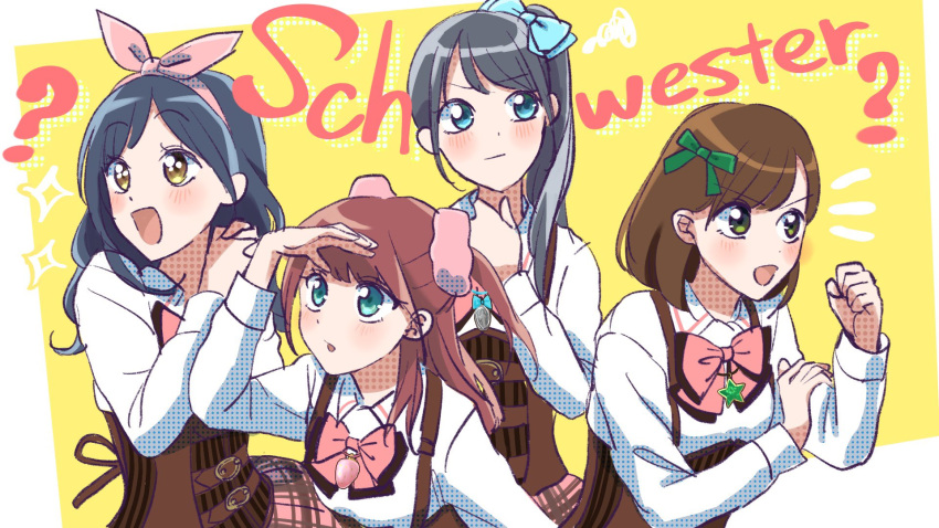 4girls :/ ? aqua_eyes arm_at_side arm_up assault_lily bangs belt_buckle black_hair blue_eyes blush border bow bow_hairband bowtie brown_hair buckle closed_mouth collared_shirt commentary_request corset green_eyes green_ribbon hair_bow hair_ornament hair_ribbon hair_scrunchie hairband halftone hanaoka_angela_moe hand_on_own_arm hand_up hands_up highres houjou_monica_asahi interlocked_fingers jewelry long_hair long_sleeves looking_at_viewer looking_away ludvico_private_girls'_academy_school_uniform multiple_boys multiple_girls nagase_marta_nonoka necklace notice_lines outside_border own_hands_together parted_lips pendant pink_bow pink_bowtie pink_hairband pink_scrunchie pink_skirt plaid plaid_skirt red_hair ribbon saeki_julia_karen school_uniform scrunchie shading_eyes shakeza shirt short_hair side_ponytail simple_background skirt smile sparkle squiggle standing star_(symbol) star_necklace swept_bangs two_side_up underbust upper_body v-shaped_eyebrows white_border white_shirt yellow_background yellow_eyes
