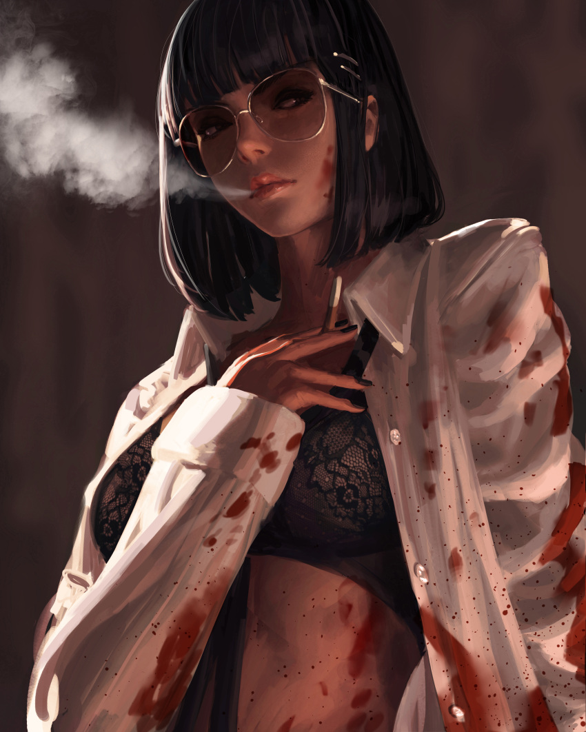 1girl absurdres bangs black_bra black_eyes black_hair black_nails blood blood_on_clothes blood_on_face blowing_smoke blunt_bangs bra breasts cigarette closed_mouth collared_shirt commentary english_commentary fingernails glasses guweiz hair_ornament hairpin hand_up highres holding holding_cigarette lips looking_to_the_side medium_breasts medium_hair nail_polish open_clothes open_shirt original shirt sleeves_past_wrists smoke solo underwear upper_body white_shirt