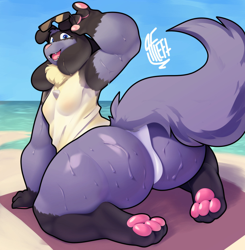 absurd_res alwaysfaceleft anthro beach black_body black_fur blue_body blue_fur breasts butt chest_tuft clothing day dripping dripping_wet eyewear female fur generation_4_pokemon hi_res hindpaw holding_eyewear holding_object holding_sunglasses kneeling looking_at_viewer lucario nintendo open_mouth outside pawpads paws pokemon pokemon_(species) sea seaside sky smile solo spikes spikes_(anatomy) sunglasses swimwear teeth thick_thighs tongue translucent translucent_clothing translucent_swimwear tuft video_games water wet wide_hips yellow_body yellow_fur