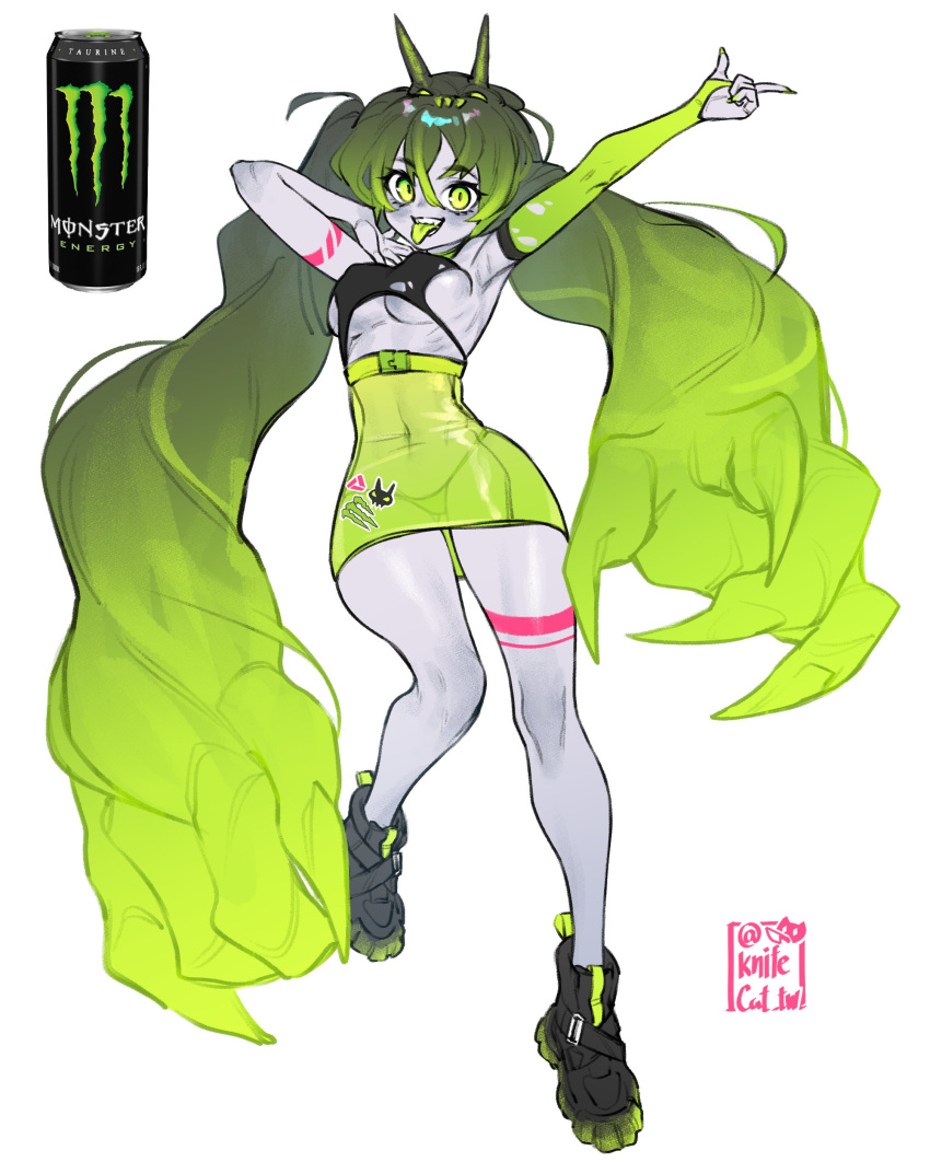 1girl absurdres bare_shoulders can collarbone colored_skin energy_drink green_eyes hat highres horns knifecat living_hair long_hair looking_at_viewer midriff monster_energy navel original shoes single_thighhigh skirt smile solo thighhighs very_long_hair white_background