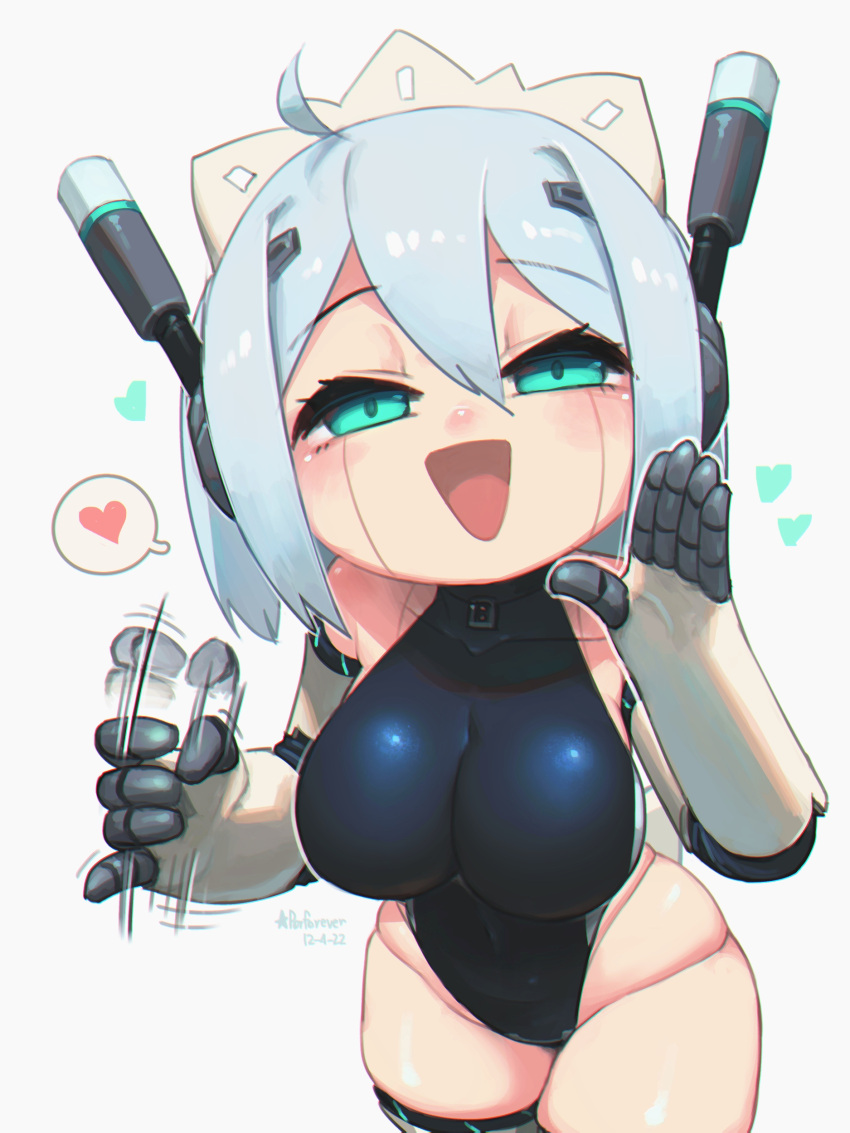 1girl absurdres ahoge android artist_name black_leotard blue_hair breasts clip_studio_paint_(medium) cowboy_shot dated green_eyes groin hair_between_eyes half-closed_eyes hand_up handjob_gesture heart highres joints large_breasts leotard light_blue_hair looking_at_viewer making-of_available mechanical_arms mechanical_parts naughty_face open_mouth original pinky_out porforever prosthesis prosthetic_arm raised_eyebrows robot_ears robot_girl robot_joints sexually_suggestive short_hair single_mechanical_arm smile solo spoken_heart triangle_mouth white_background white_headdress zettai_ryouiki