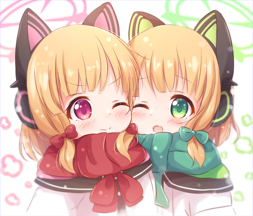 2girls ;d animal_ear_headphones animal_ears araki495 bangs blonde_hair blue_archive blush bow cheek-to-cheek closed_mouth commentary_request fake_animal_ears green_bow green_eyes green_scarf hair_bow halo headphones heads_together jacket midori_(blue_archive) momoi_(blue_archive) multiple_girls one_eye_closed purple_eyes red_bow red_scarf scarf siblings sidelocks simple_background sisters smile snowing twins upper_body white_background white_jacket