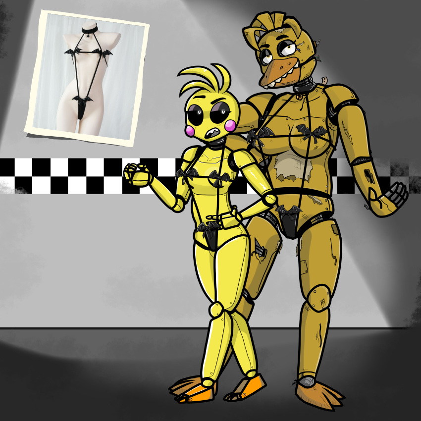 absurd_res animatronic anthro avian ball_joints beak beakless big_breasts bikini bird black_clothing black_sclera black_underwear breasts chicken clothing doll_joints duo eyelashes female five_nights_at_freddy's five_nights_at_freddy's_2 galliform gallus_(genus) grey_background head_feathers head_tuft hi_res machine machinemaniaart open_mouth phasianid robot rosy_cheeks scottgames simple_background sling_bikini small_breasts swimwear toothed_beak toy_chica_(fnaf) tuft underwear video_games white_eyes wire withered_chica_(fnaf) yellow_body yellow_eyes